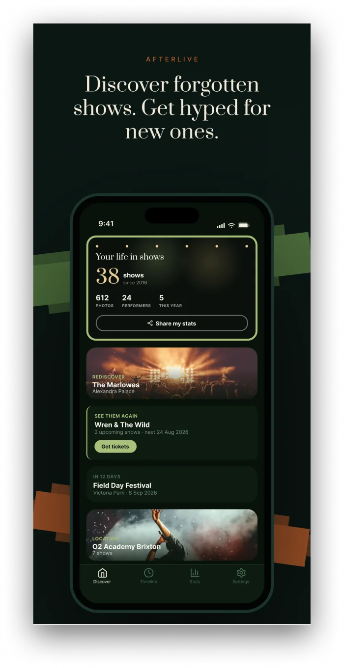 Afterlive Discover screen with upcoming shows and stats
