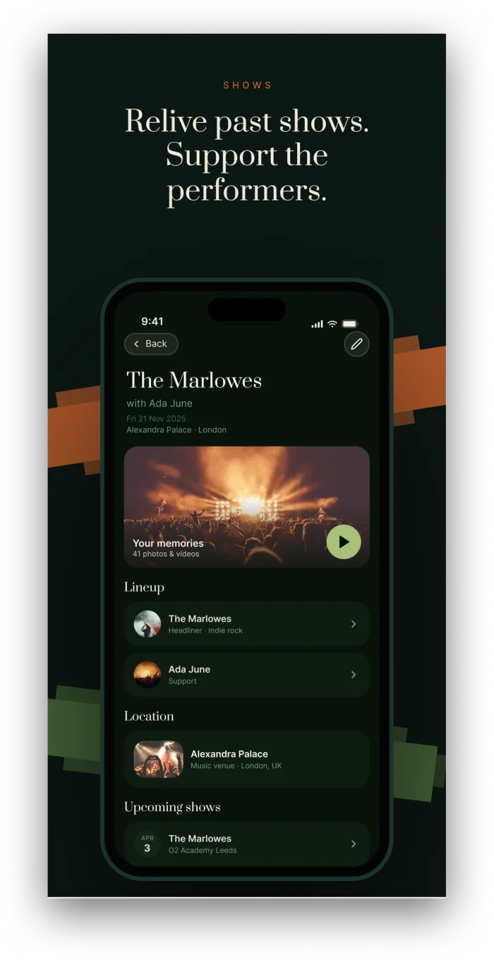 Afterlive show detail screen with lineup and location