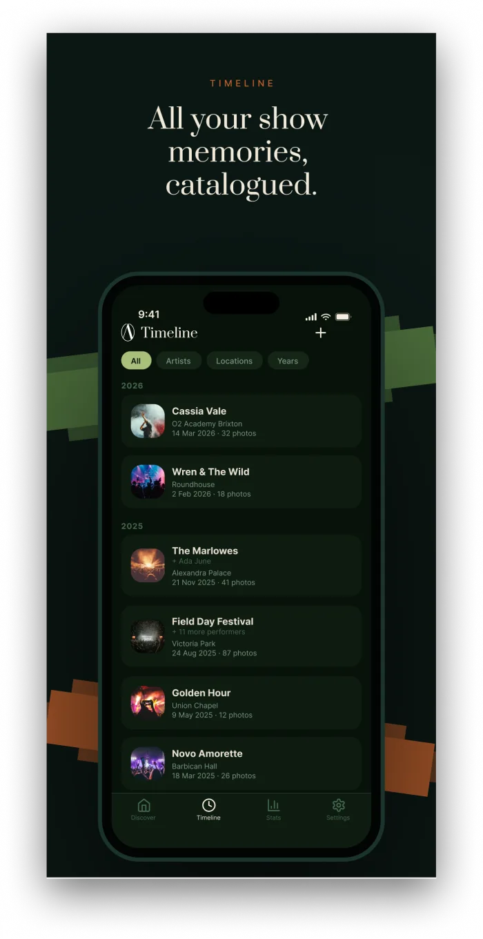 Afterlive Timeline screen listing past shows by year